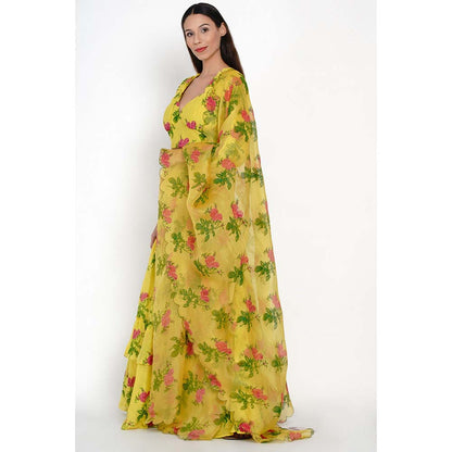 Label Earthen Phool Patti Printed Lehenga with Blouse & Dupatta (Set of 3)