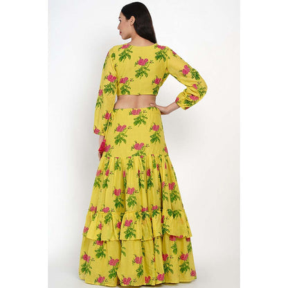 Label Earthen Phool Patti Printed Lehenga with Blouse & Dupatta (Set of 3)