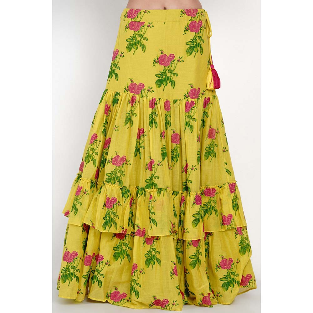 Label Earthen Phool Patti Printed Lehenga with Blouse & Dupatta (Set of 3)