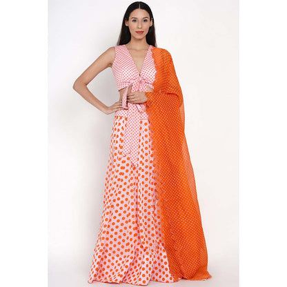 Label Earthen Kesar Gulab Polka Dots Lehenga Blouse with Dupatta (Set of 3)