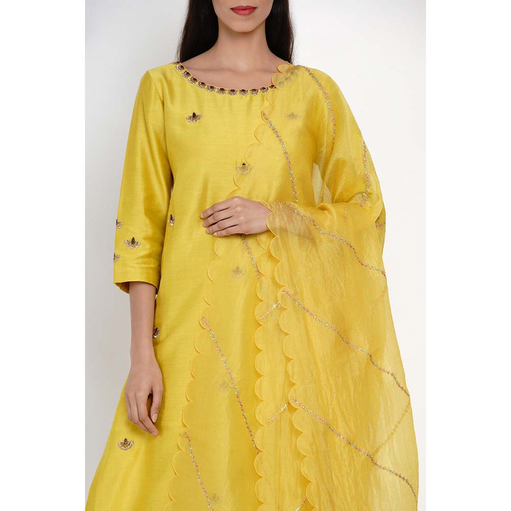 Label Earthen Yellow Chanderi Silk Kurta with Silk Pant & Dupatta (Set of 3)