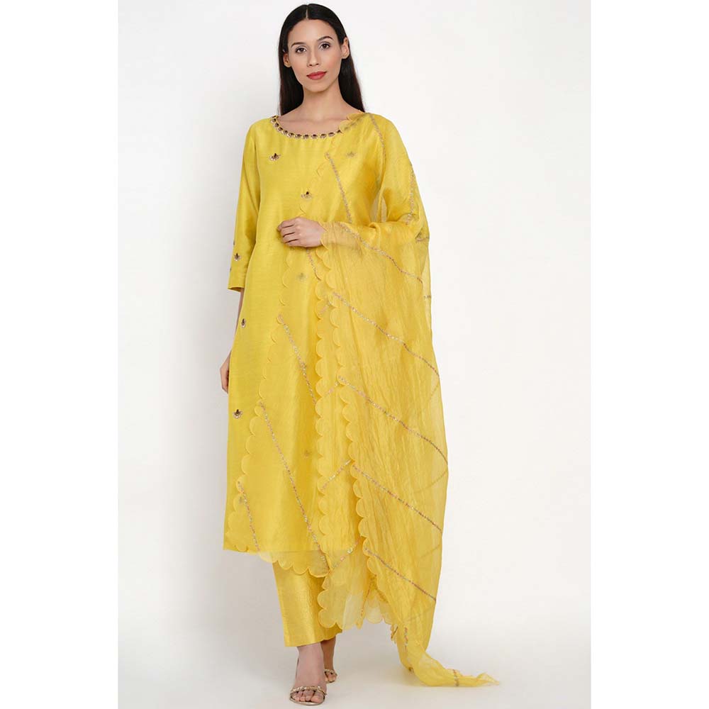 Label Earthen Yellow Chanderi Silk Kurta with Silk Pant & Dupatta (Set of 3)
