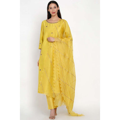 Label Earthen Yellow Chanderi Silk Kurta with Silk Pant & Dupatta (Set of 3)
