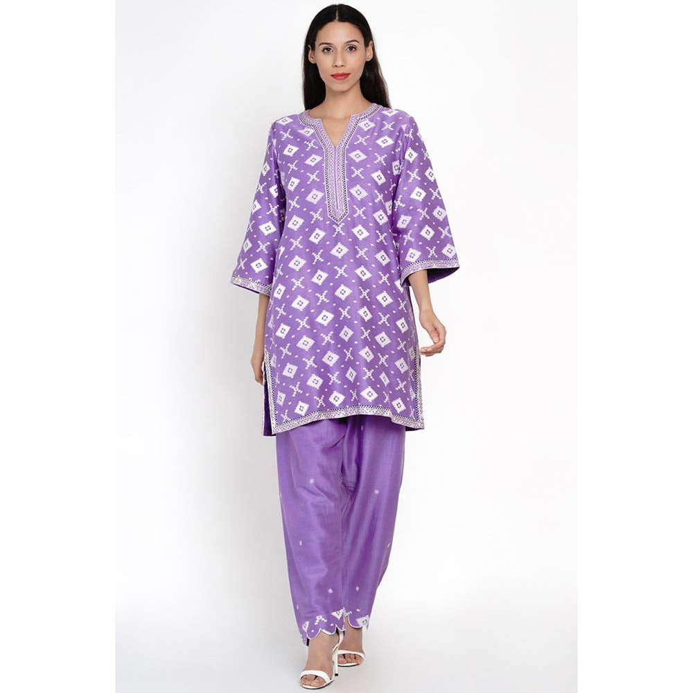 Label Earthen Purple Nirali Barfi Short Kurta with Work Buti On Pants (Set of 2)