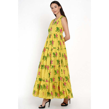 Label Earthen Yellow Phool Patti Floral Maxi Dress