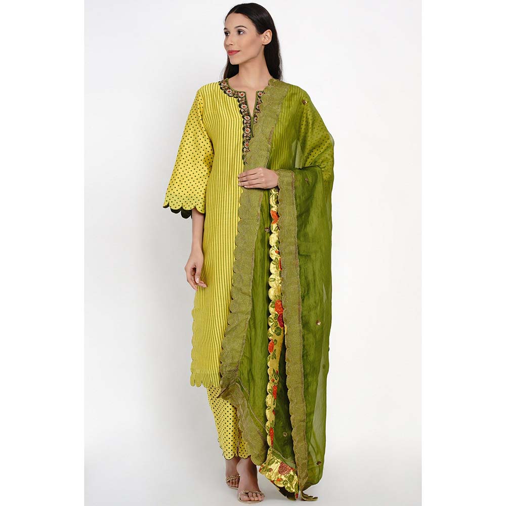 Label Earthen Nirali Straight Striped Kurta Pant with Embroidered Dupatta (Set of 3)