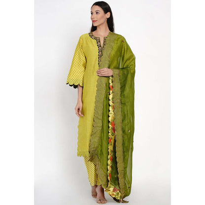 Label Earthen Nirali Straight Striped Kurta Pant with Embroidered Dupatta (Set of 3)