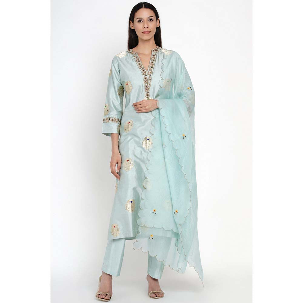 Label Earthen Ambar Brocade Blue Embroidered Kurta Pant with Dupatta (Set of 3)
