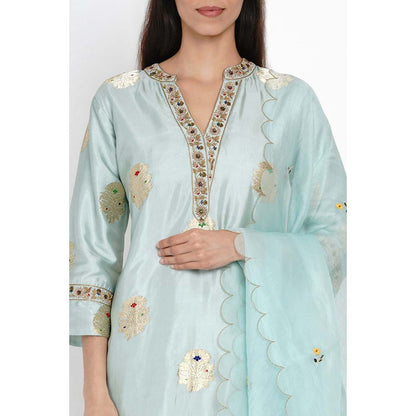 Label Earthen Ambar Brocade Blue Embroidered Kurta Pant with Dupatta (Set of 3)
