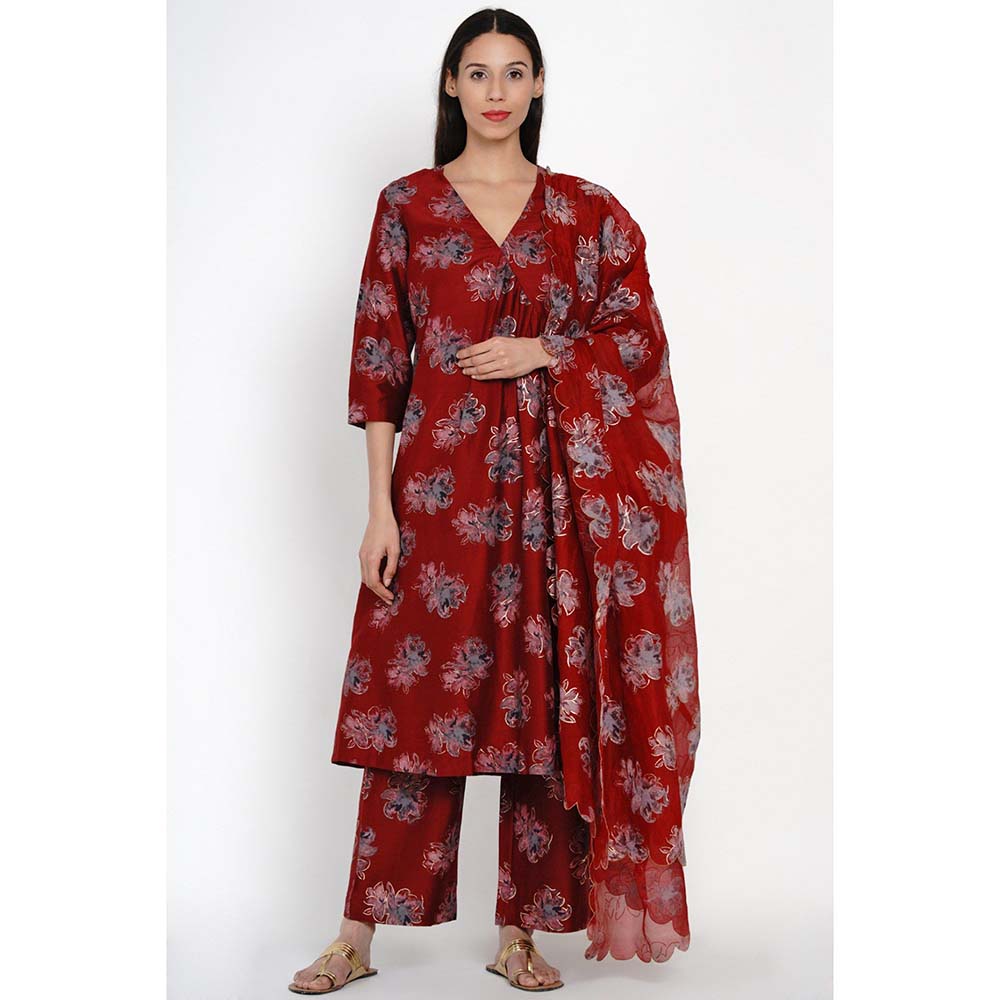 Label Earthen Ban Phool Silk Angrakha Style Kurta Pant & Dupatta (Set of 3)