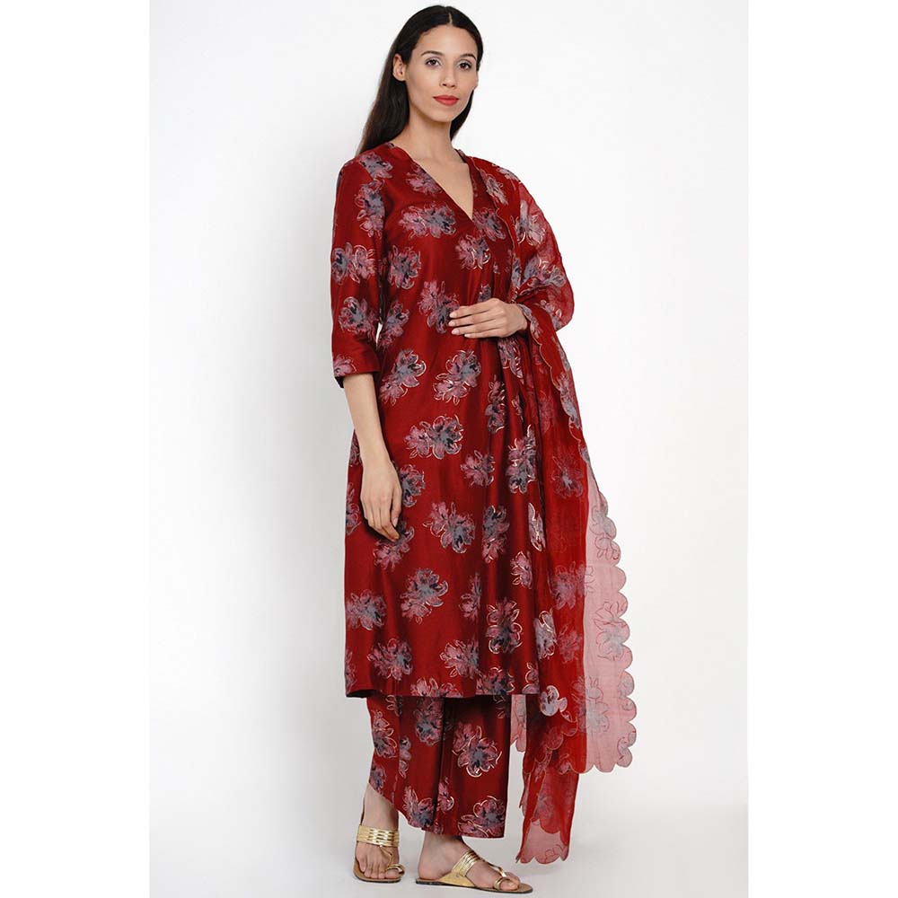 Label Earthen Ban Phool Silk Angrakha Style Kurta Pant & Dupatta (Set of 3)