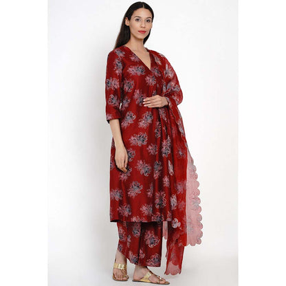 Label Earthen Ban Phool Silk Angrakha Style Kurta Pant & Dupatta (Set of 3)