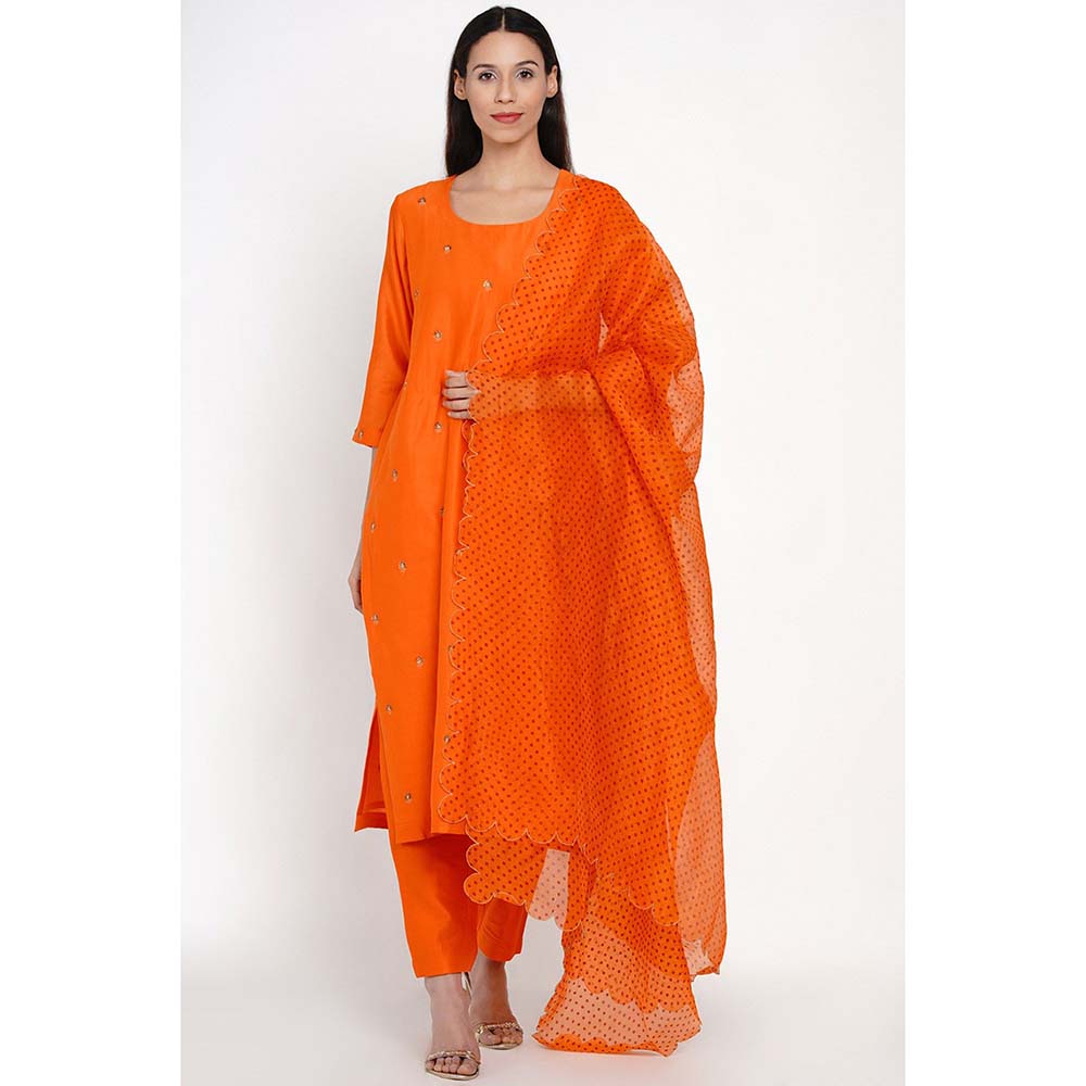 Label Earthen Kesari Hand-Embroidered Motif Kurta with Pant & Dupatta (Set of 3)