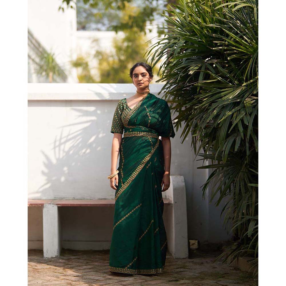 Label Earthen Rani Panna Raw Silk Embroidered Saree with Stitched Blouse