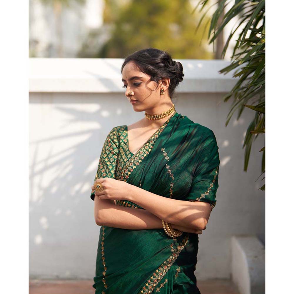 Label Earthen Rani Panna Raw Silk Embroidered Saree with Stitched Blouse
