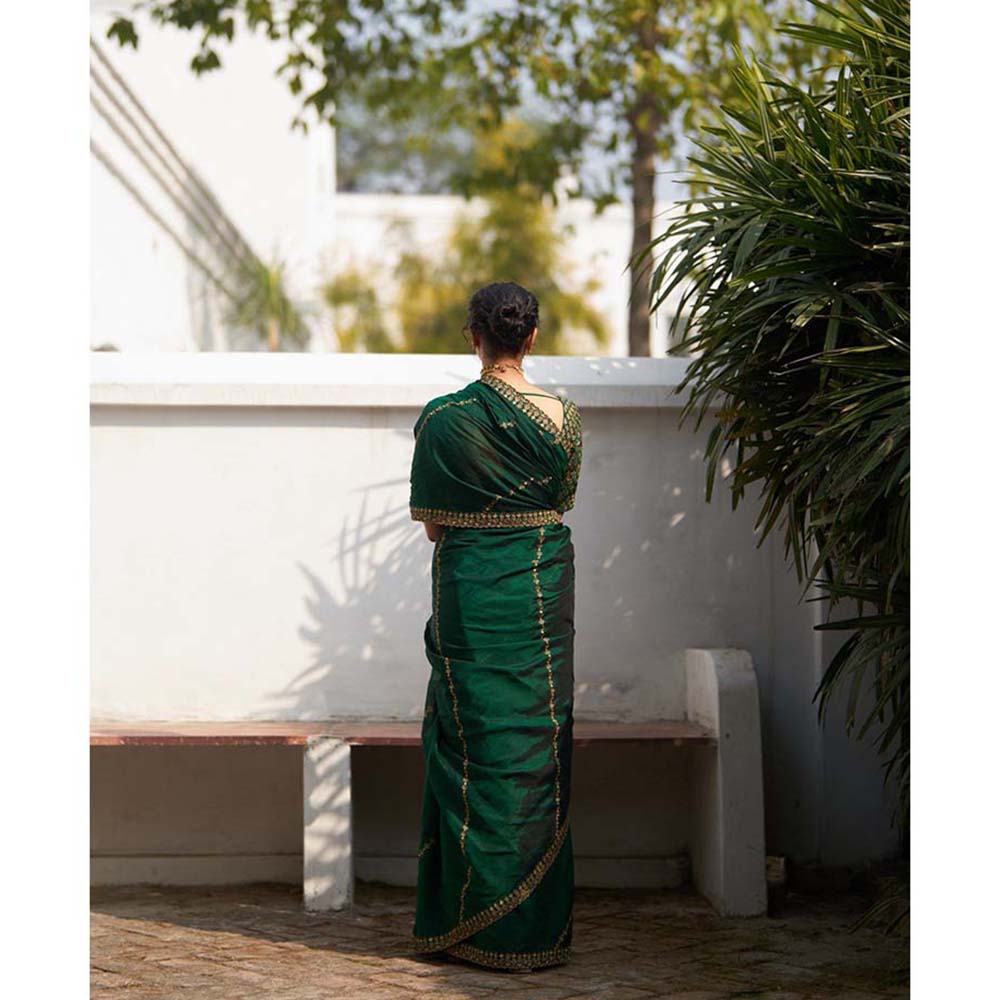 Label Earthen Rani Panna Raw Silk Embroidered Saree with Stitched Blouse