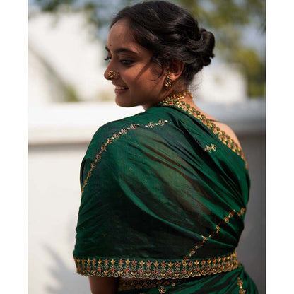 Label Earthen Rani Panna Raw Silk Embroidered Saree with Stitched Blouse