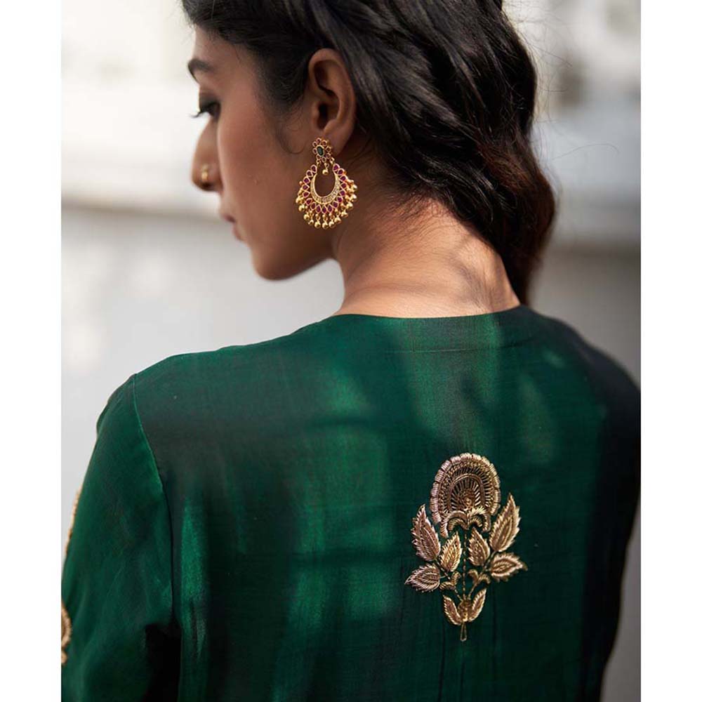 Label Earthen Green Zardozi Kalidaar Kurta with Pant (Set of 2)