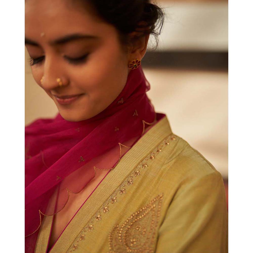 Label Earthen Pista - Rani Zari Kurta with Pant & Dupatta (Set of 3)