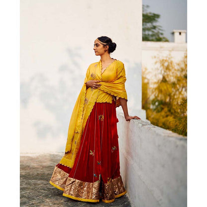 Label Earthen Red & Yellow Champa Makhmal Lehenga Blouse with Embroidered Dupatta (Set of 3)