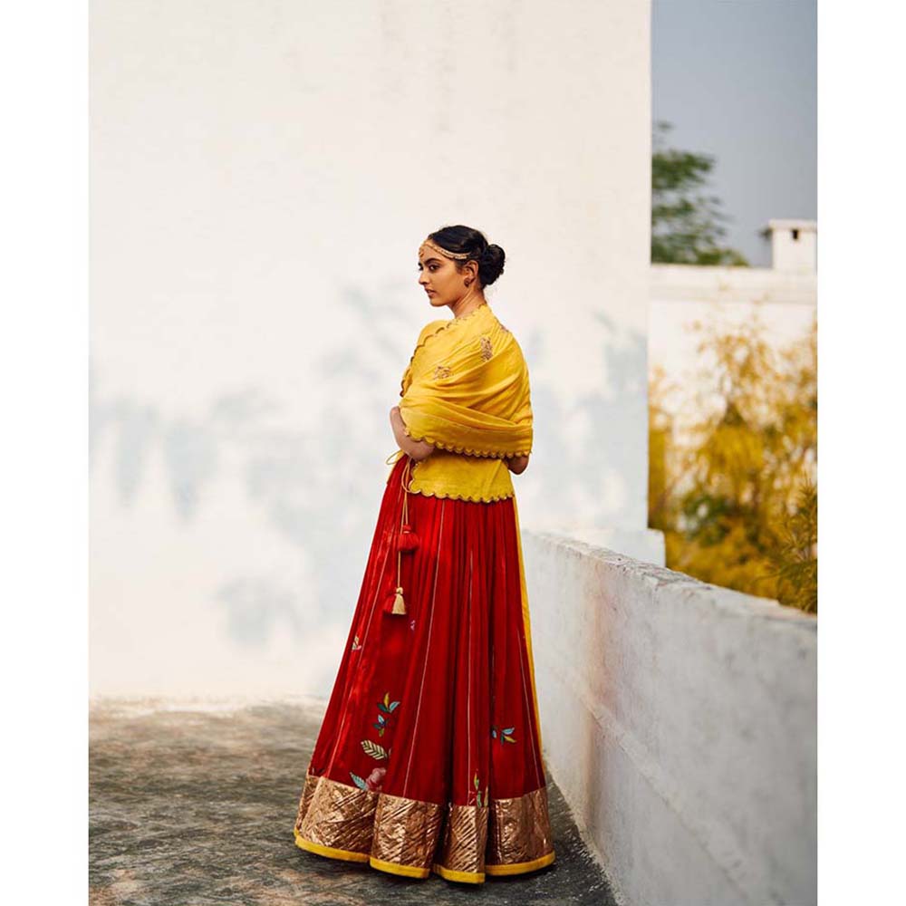 Label Earthen Red & Yellow Champa Makhmal Lehenga Blouse with Embroidered Dupatta (Set of 3)