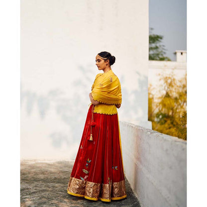 Label Earthen Red & Yellow Champa Makhmal Lehenga Blouse with Embroidered Dupatta (Set of 3)