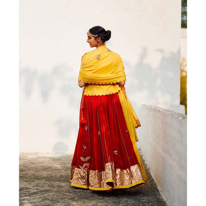 Label Earthen Red & Yellow Champa Makhmal Lehenga Blouse with Embroidered Dupatta (Set of 3)