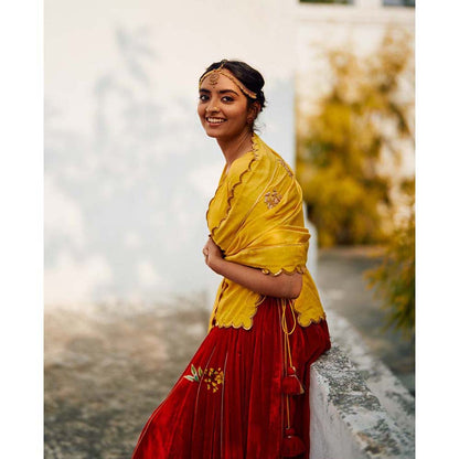 Label Earthen Red & Yellow Champa Makhmal Lehenga Blouse with Embroidered Dupatta (Set of 3)
