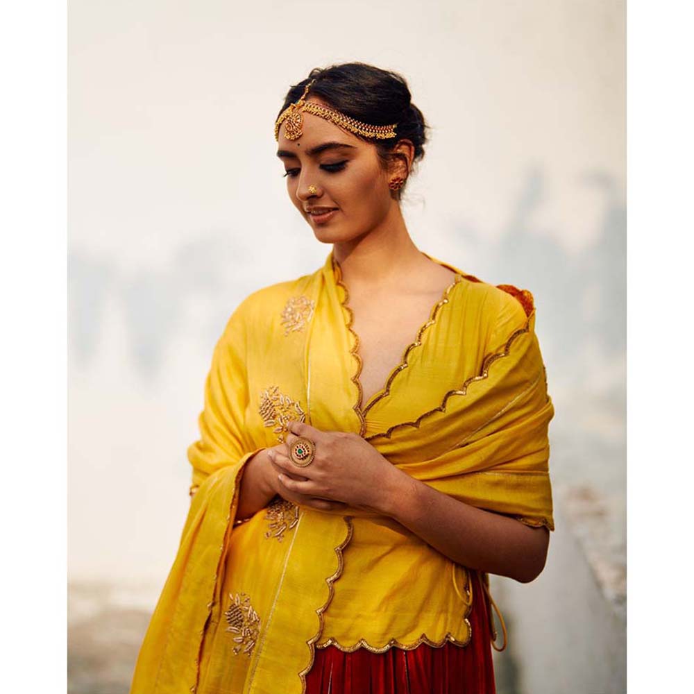 Label Earthen Red & Yellow Champa Makhmal Lehenga Blouse with Embroidered Dupatta (Set of 3)