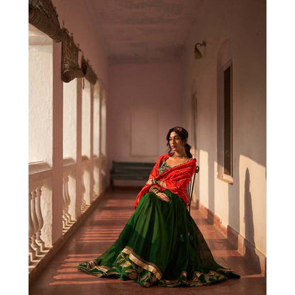Label Earthen Rani Bahar Reshmi Lehenga Blouse with Hand Embroidered Dupatta (Set of 3)