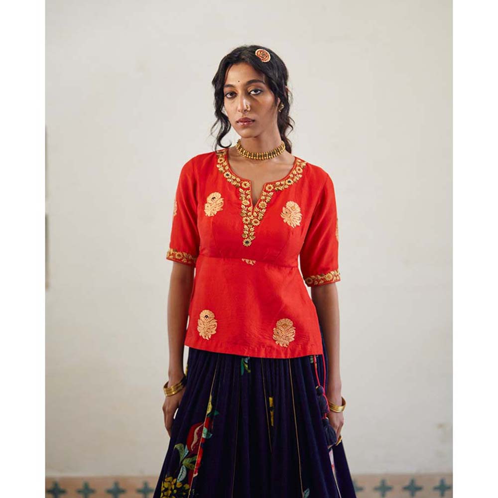 Label Earthen Laal Syahi Makhmal Lehenga Blouse with Hand Embroidered Dupatta (Set of 3)