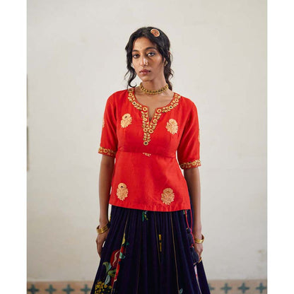 Label Earthen Laal Syahi Makhmal Lehenga Blouse with Hand Embroidered Dupatta (Set of 3)
