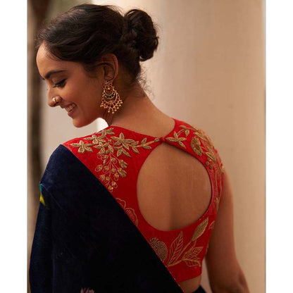 Label Earthen Syahi Makhmal Printed Blue Velvet Saree & with Zardozi with Stitched Blouse