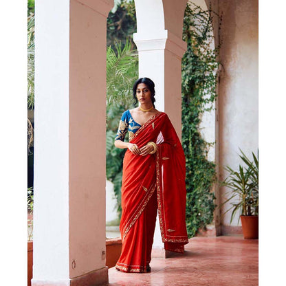 Label Earthen Seetaphool Rani Zardozi Saree with Hand Embroidered with Stitched Blouse