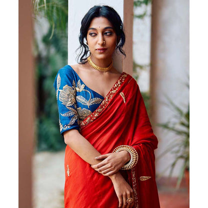 Label Earthen Seetaphool Rani Zardozi Saree with Hand Embroidered with Stitched Blouse