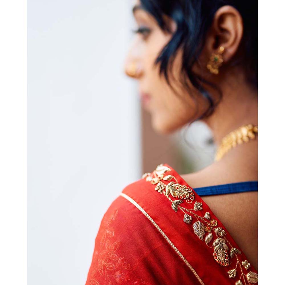Label Earthen Seetaphool Rani Zardozi Saree with Hand Embroidered with Stitched Blouse