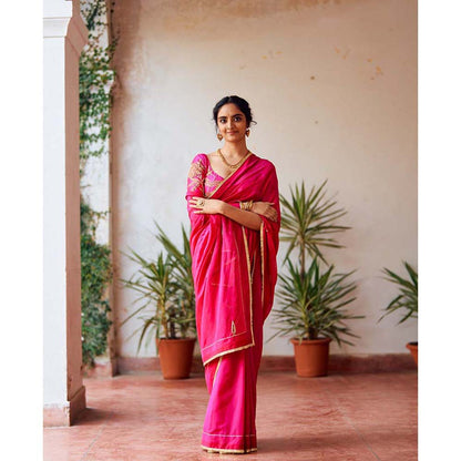 Label Earthen Zari Phool Rani Zardozi Saree with Embroidered with Stitched Blouse