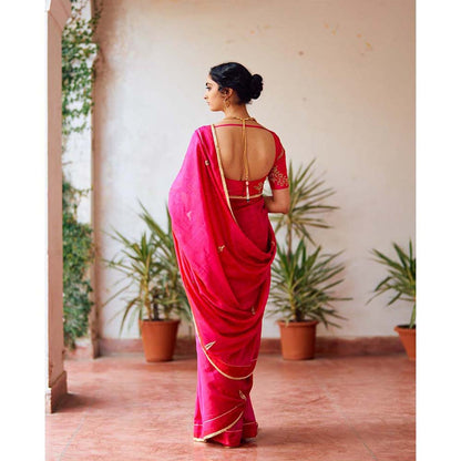 Label Earthen Zari Phool Rani Zardozi Saree with Embroidered with Stitched Blouse