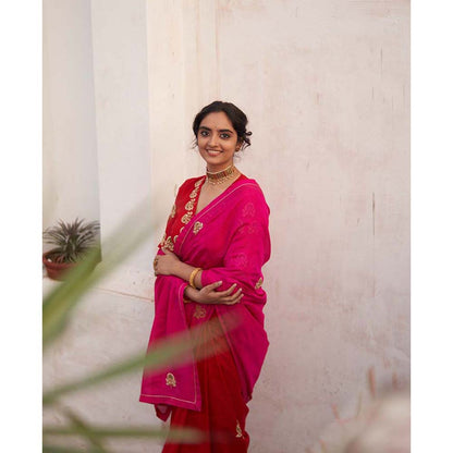 Label Earthen Gulabi Rani Colorblock Zardozi Saree with Stitched Blouse