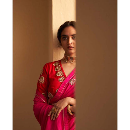 Label Earthen Gulabi Rani Colorblock Zardozi Saree with Stitched Blouse