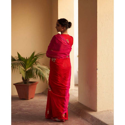 Label Earthen Gulabi Rani Colorblock Zardozi Saree with Stitched Blouse