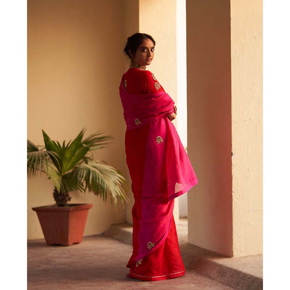 Label Earthen Gulabi Rani Colorblock Zardozi Saree with Stitched Blouse