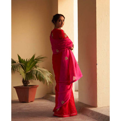 Label Earthen Gulabi Rani Colorblock Zardozi Saree with Stitched Blouse