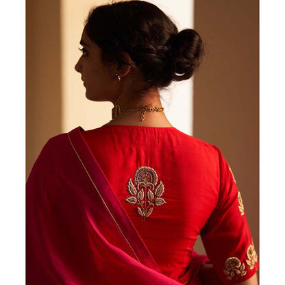 Label Earthen Gulabi Rani Colorblock Zardozi Saree with Stitched Blouse