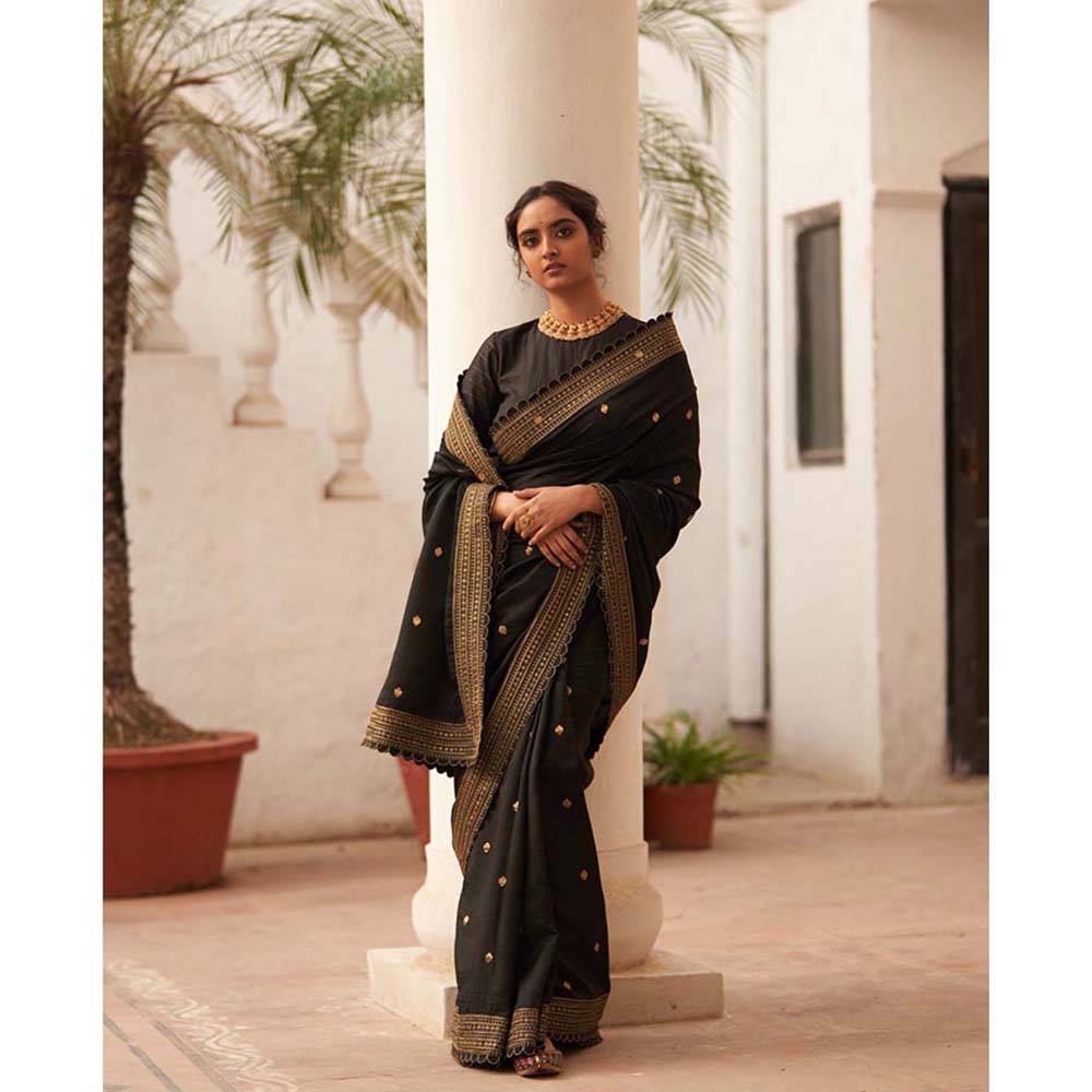 Label Earthen Rani Kairi Black Chiniya Embry Butta Saree with Stitched Blouse