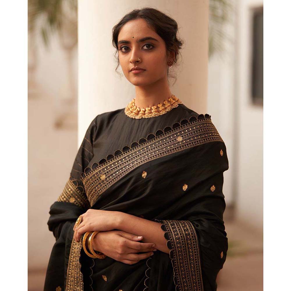 Label Earthen Rani Kairi Black Chiniya Embry Butta Saree with Stitched Blouse