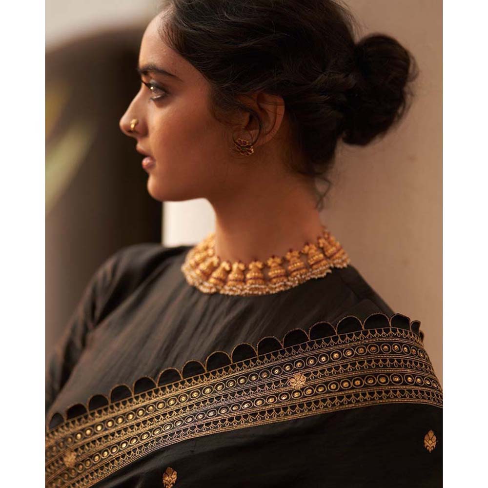 Label Earthen Rani Kairi Black Chiniya Embry Butta Saree with Stitched Blouse
