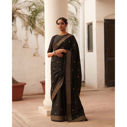 Label Earthen Rani Kairi Black Chiniya Embry Butta Saree with Stitched Blouse