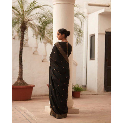 Label Earthen Rani Kairi Black Chiniya Embry Butta Saree with Stitched Blouse