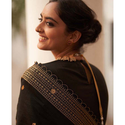 Label Earthen Rani Kairi Black Chiniya Embry Butta Saree with Stitched Blouse